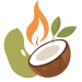 Image of a bean and half coconut with a burning flame on top